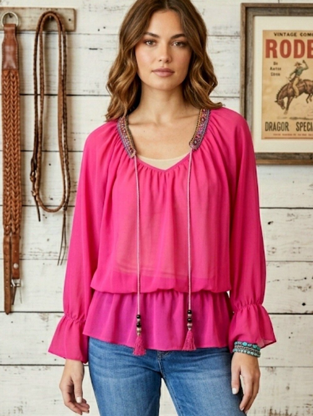 Rod's Western Wear Fuschia Chiffon Beaded Embroidered Boho Top Size Medium